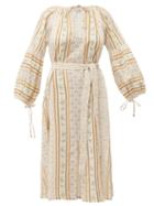 Matchesfashion.com D'ascoli - Devon Tie Waist Striped Floral Print Cotton Dress - Womens - Blue