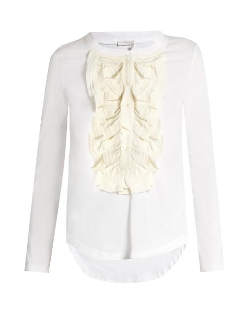 Chloé Long-sleeved Silk Ruffle-trimmed Cotton T-shirt