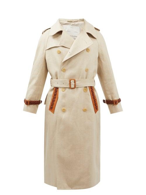 Giuliva Heritage Collection - Oscar Leather And Linen-twill Trench Coat - Mens - Beige Multi
