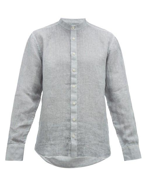 Matchesfashion.com 120% Lino - Band Collar Slubbed Linen Poplin Shirt - Mens - Grey