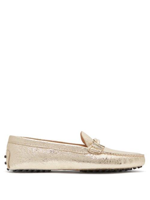 Matchesfashion.com Tod's - Gommini T Bar Metallic Leather Loafers - Womens - Gold
