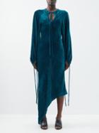 Petar Petrov - Azi Asymmetric Velvet Devor Midi Dress - Womens - Blue Green