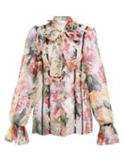 Matchesfashion.com Dolce & Gabbana - Floral Print Tie Neck Silk Blend Chiffon Blouse - Womens - White Multi