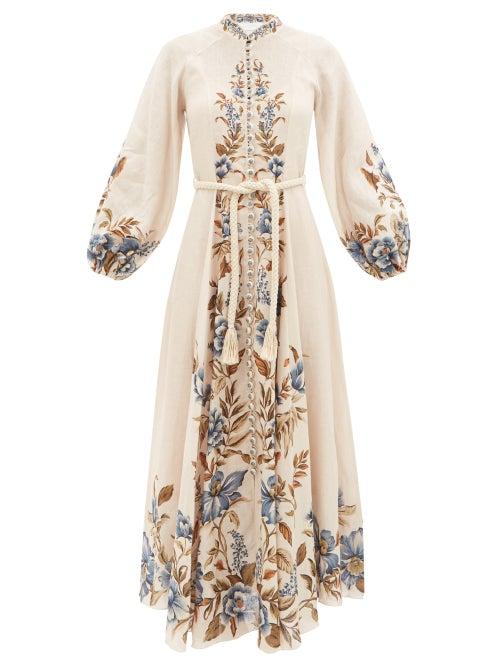 Ladies Beachwear Zimmermann - Aliane Floral-print Linen Maxi Dress - Womens - White Print