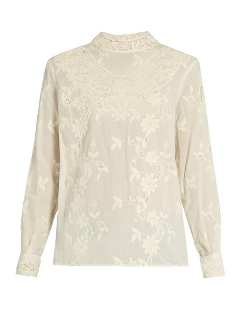 Sea Long-sleeved Floral-embroidered Cotton Top