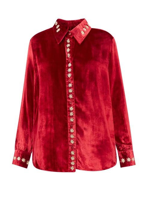 Muzungu Sisters - Stella Floral-embroidered Velvet Shirt - Womens - Red