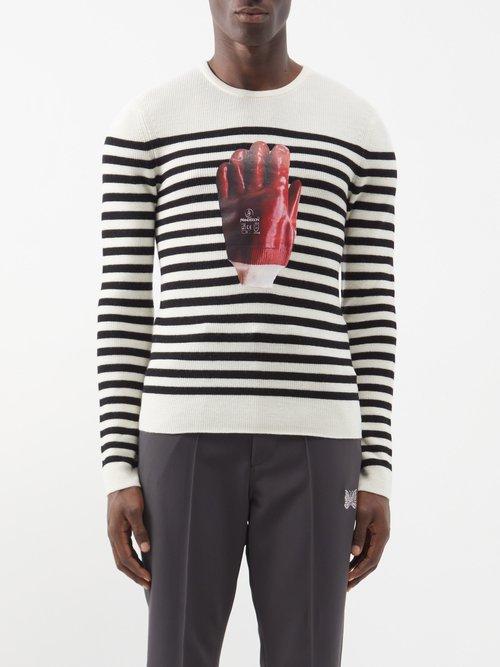 Jw Anderson - Vinyl Glove-print Striped Wool Sweater - Mens - Off White
