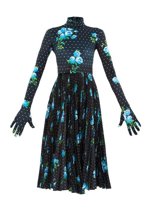 Richard Quinn - Glove-sleeve Floral-print Pleated Midi Dress - Womens - Blue Multi