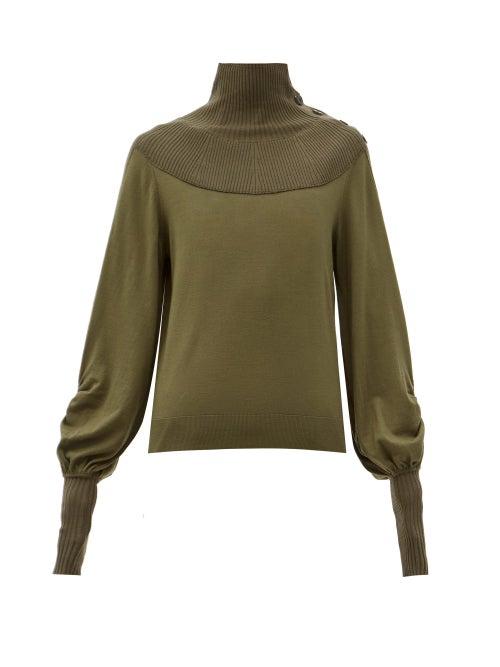 Matchesfashion.com Chlo - Ribbed High-neck Balloon-sleeve Wool Sweater - Womens - Khaki
