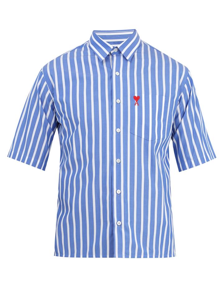 Ami Striped Logo-embroidered Cotton Shirt