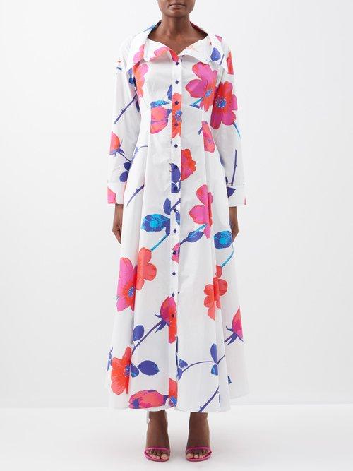 Christopher John Rogers - Floral-print Cotton Shirt Dress - Womens - White Print