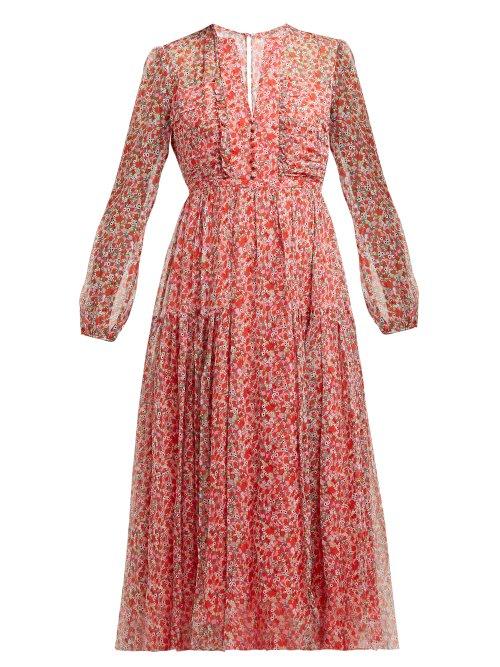 Matchesfashion.com Saloni - Yasmeen Poppy Print Silk Midi Dress - Womens - Red Print