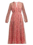 Matchesfashion.com Saloni - Yasmeen Poppy Print Silk Midi Dress - Womens - Red Print