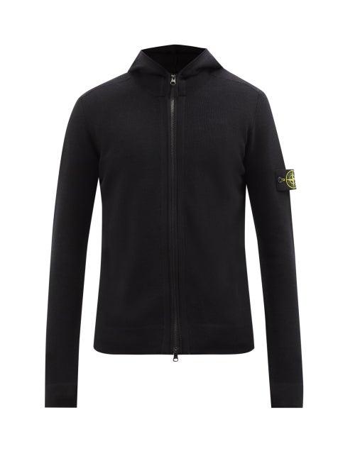 Stone Island - Logo-patch Zip-through Wool Hooded Sweatshirt - Mens - Black