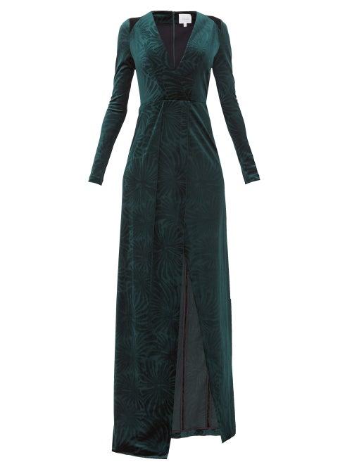 Matchesfashion.com Galvan - Winter Palm Plunge Neck Velvet Dress - Womens - Dark Green