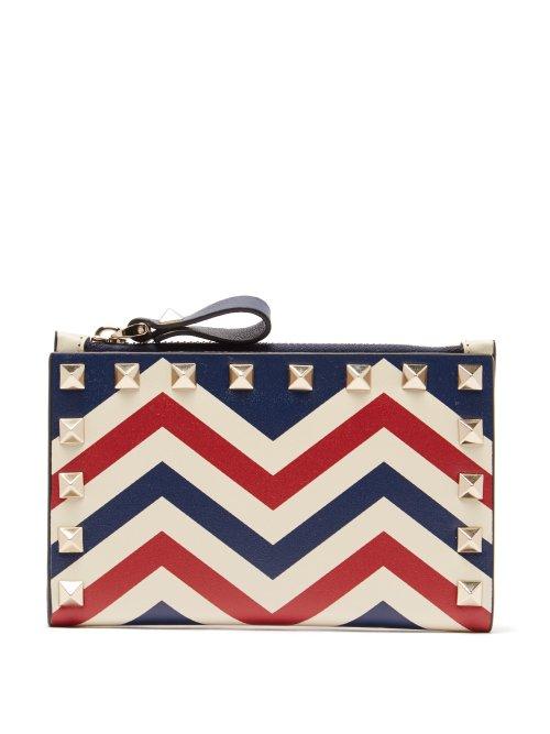 Matchesfashion.com Valentino - Chevron Print Rockstud Bi Fold Leather Wallet - Womens - Navy Multi