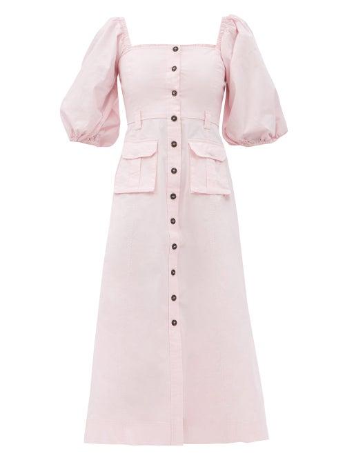 Matchesfashion.com Ganni - Puff-sleeved Cotton-blend Midi Dress - Womens - Light Pink