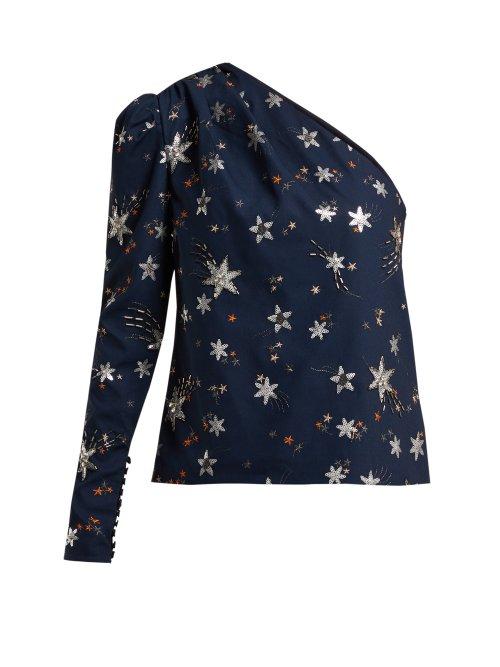 Matchesfashion.com Self-portrait - One Shoulder Star Embellished Crepe Top - Womens - Navy