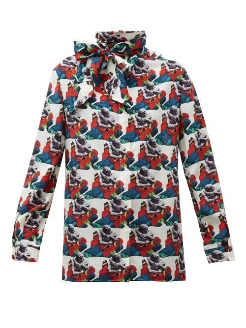 Matchesfashion.com Valentino - Lovers Print Pussy Bow Silk Blouse - Womens - White Print