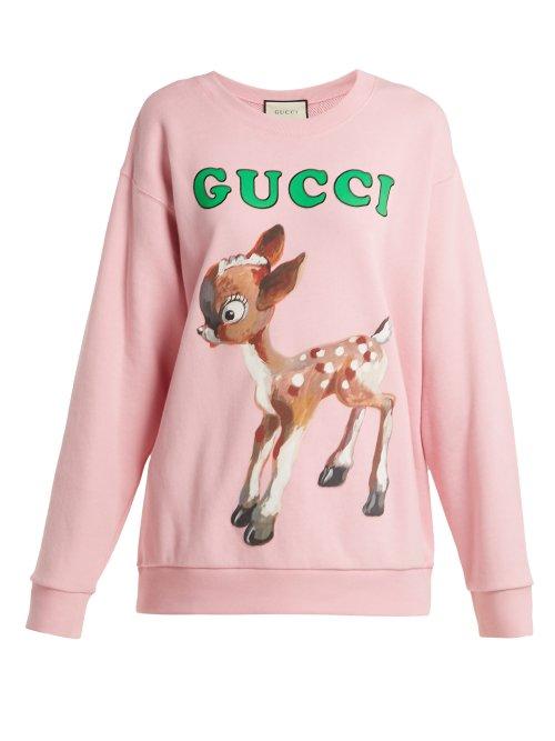 Matchesfashion.com Gucci - Fawn And Floral Print Cotton Jersey Sweatshirt - Womens - Pink