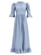Matchesfashion.com Batsheva - Pearl-button Cotton-chambray Dress - Womens - Blue