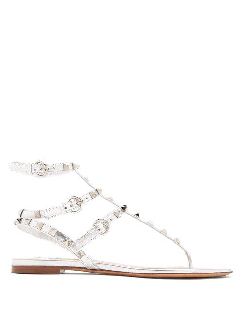 Matchesfashion.com Valentino - Rockstud Flat Leather Sandals - Womens - Silver