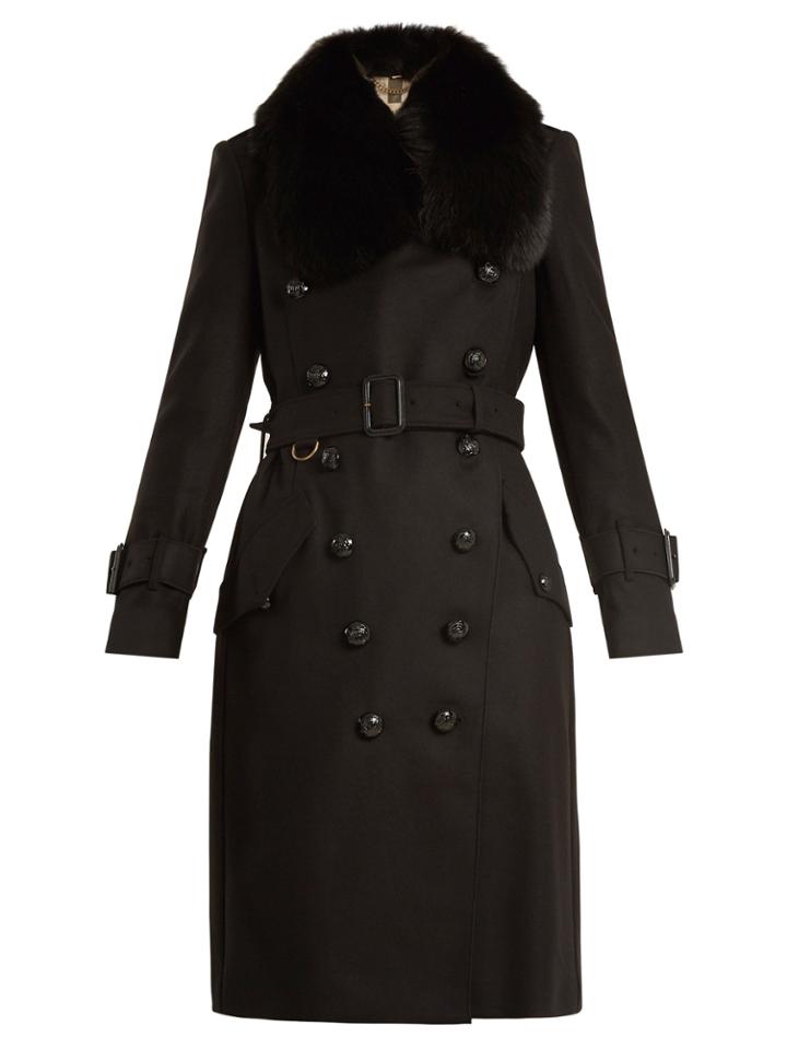 Burberry Fur-trimmed Belted Wool-blend Coat