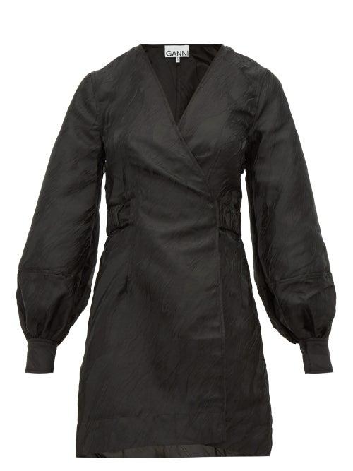 Matchesfashion.com Ganni - Satin Jacquard Mini Wrap Dress - Womens - Black