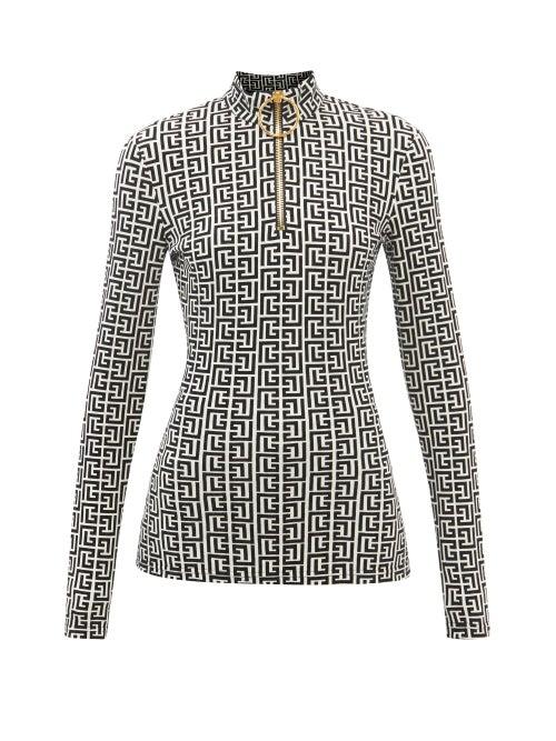 Balmain - Monogram-jacquard Velvet Long-sleeved Top - Womens - Black Multi