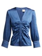 Matchesfashion.com Peter Pilotto - Ruched Satin Blouse - Womens - Blue