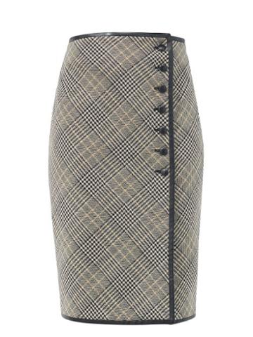 Matchesfashion.com Saint Laurent - Leather-trim Prince Of Wales-check Midi Skirt - Womens - Grey White