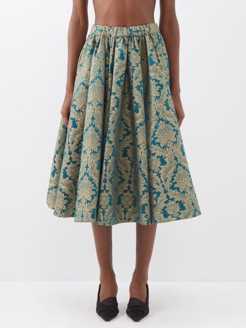 The Meaning Well - Alice Damask-jacquard Deadstock Midi Skirt - Womens - Dark Green Multi