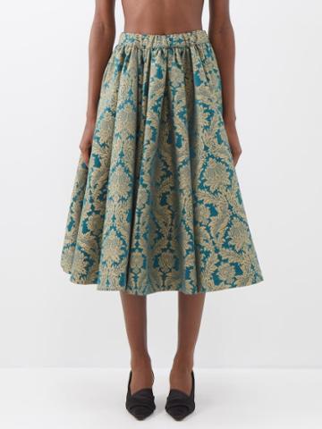 The Meaning Well - Alice Damask-jacquard Deadstock Midi Skirt - Womens - Dark Green Multi
