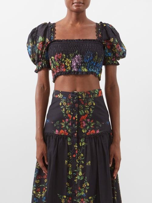 Charo Ruiz - Cumbi Shirred Floral-print Cotton-blend Crop Top - Womens - Black Multi