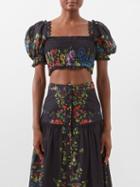 Charo Ruiz - Cumbi Shirred Floral-print Cotton-blend Crop Top - Womens - Black Multi