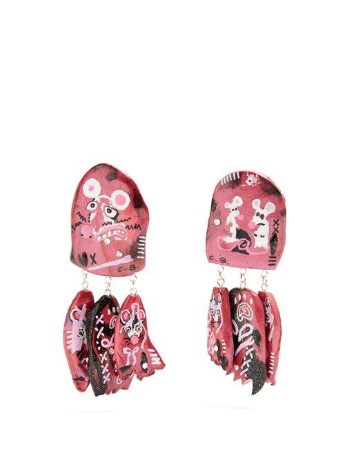 Matchesfashion.com Claire Barrow - Mouse Face Triple Drop Clip On Earrings - Womens - Pink Multi