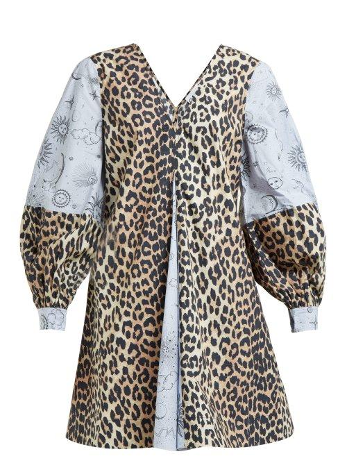 Matchesfashion.com Ganni - Leopard And Moon Print Poplin Mini Dress - Womens - Blue Multi