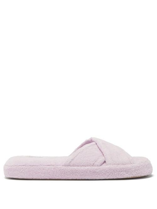 Ladies Shoes Skin - Kyoto Crossover-strap Organic-cotton Terry Slides - Womens - Pink