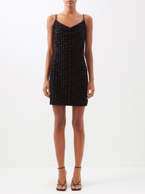 Balmain - Monogram Cotton-velvet Mini Dress - Womens - Black