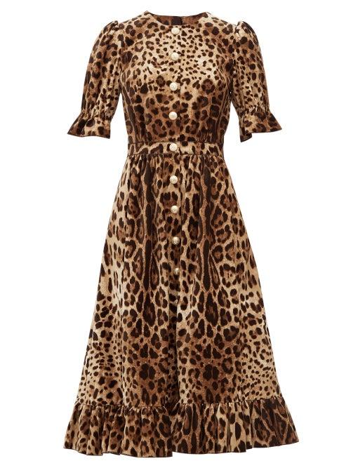 Matchesfashion.com Dolce & Gabbana - Ruffle Trim Leopard Print Velvet A Line Midi Dress - Womens - Leopard