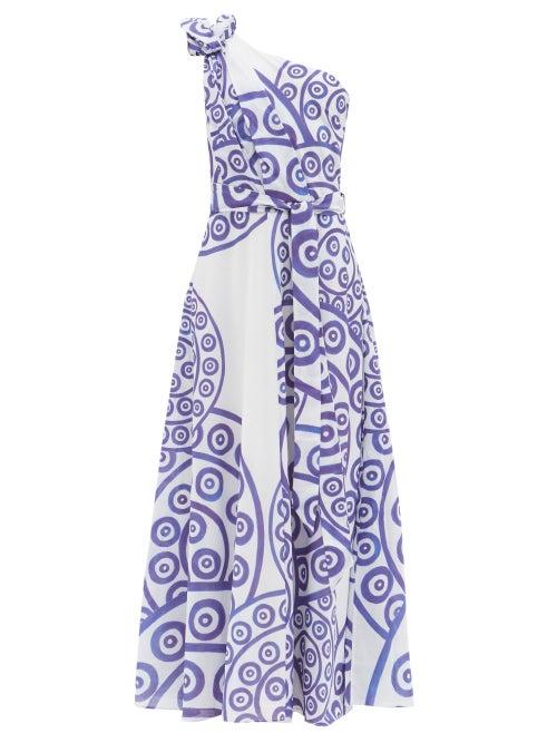 Themis Z - Kouros One-shoulder Cotton-voile Maxi Dress - Womens - Blue White