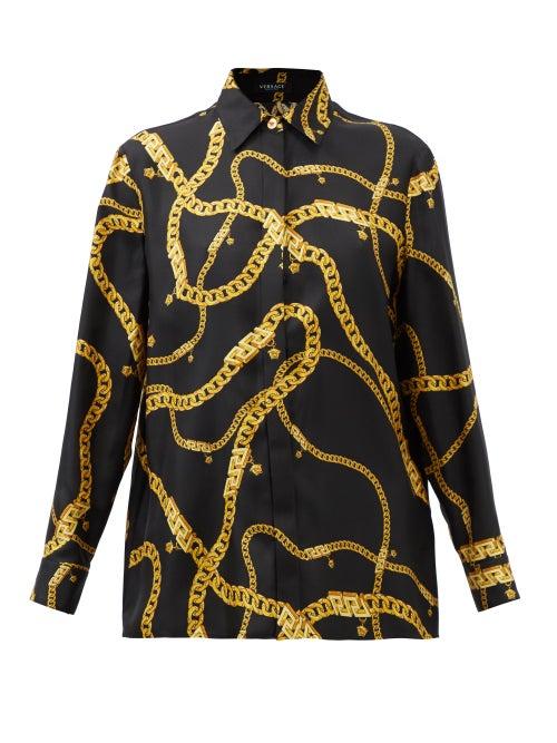 Versace - Chain-print Silk-twill Shirt - Womens - Black Yellow