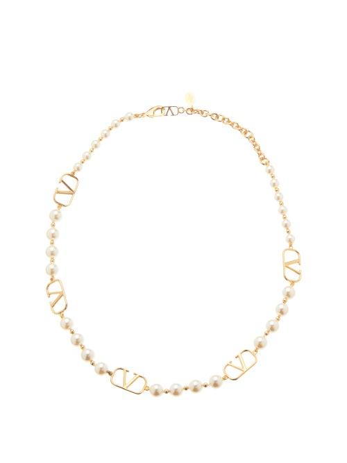 Matchesfashion.com Valentino Garavani - V-logo Charm Faux-pearl Necklace - Womens - Pearl
