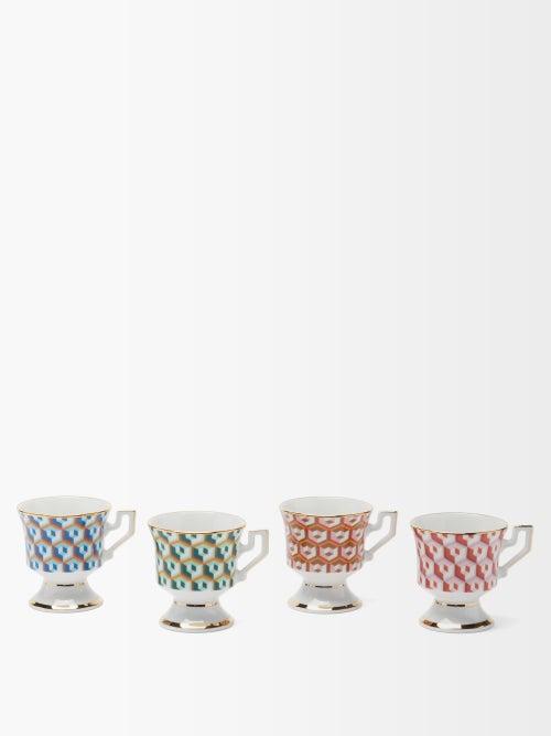 La Doublej - Set Of Four Cubi-print Porcelain Espresso Cups - Womens - Multi