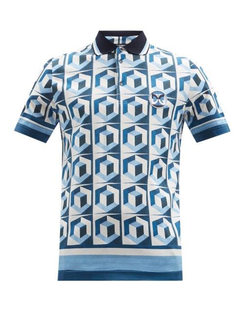 Matchesfashion.com Dolce & Gabbana - Isometric-print Cotton-jersey Polo Shirt - Mens - Blue Multi