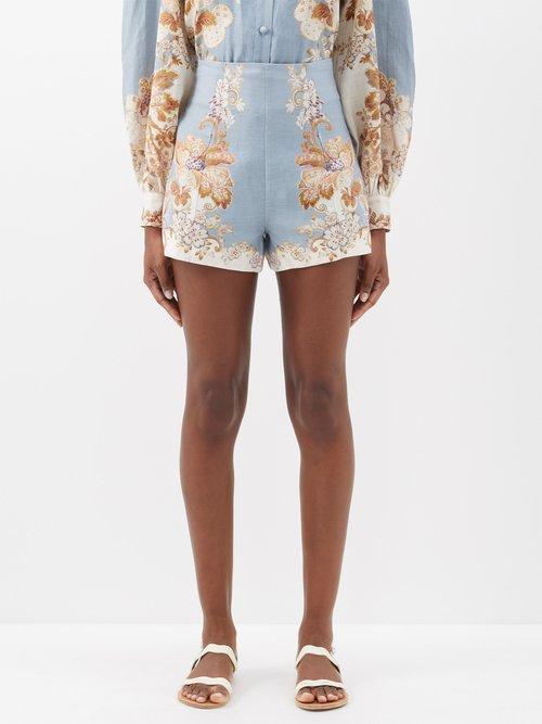 Ale Mais - Blythe Floral-print Linen Shorts - Womens - Blue Multi