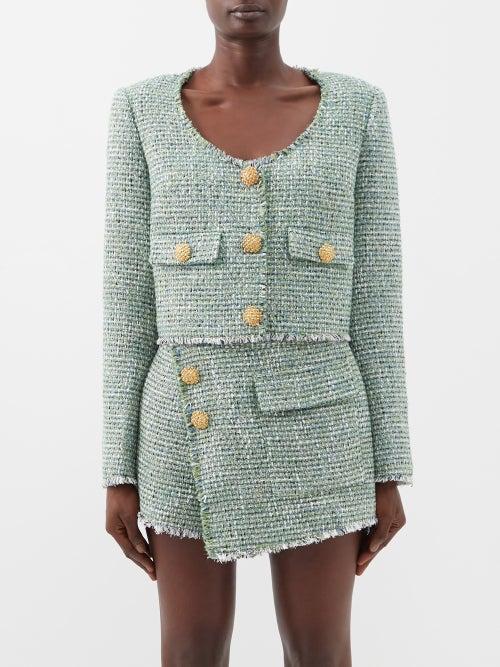 Self-portrait - Cropped Boucl-tweed Jacket - Womens - Green