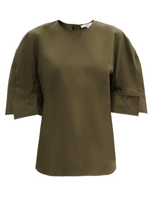Matchesfashion.com Tibi - Buttoned-cuff Cotton-poplin Top - Womens - Khaki