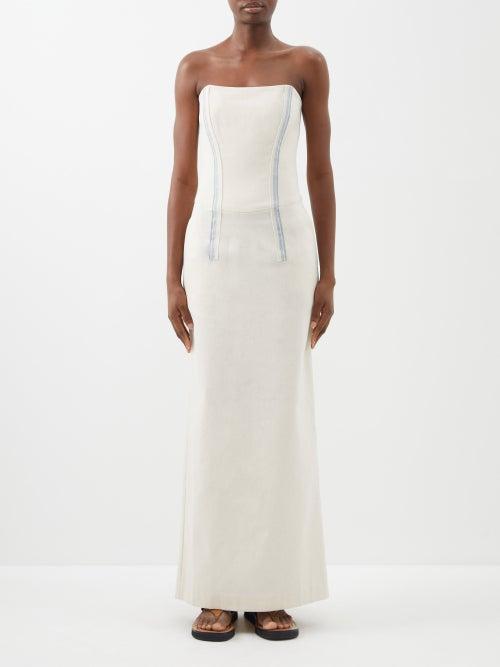 Albus Lumen - Striped Linen Maxi Dress - Womens - Cream Blue