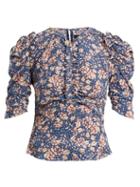 Matchesfashion.com Isabel Marant - Brizo Ruffle Trimmed Floral Print Stretch Silk Top - Womens - Blue Print